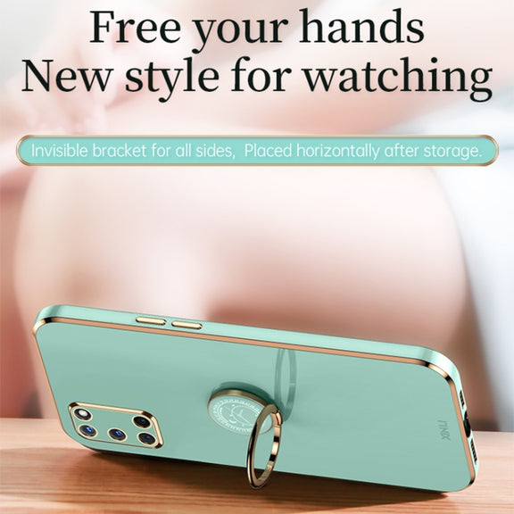 For OPPO A52 XINLI Straight 6D Plating Gold Edge TPU Shockproof Case with Ring Holder(Mint Green)