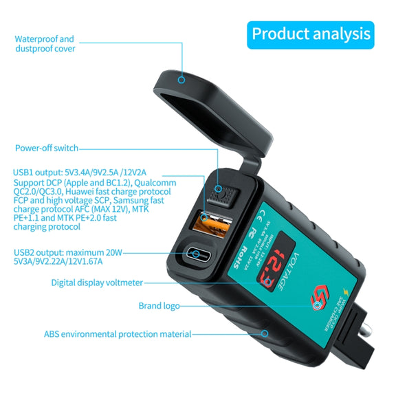 WUPP ZH-1422B2 DC12-24V Motorcycle Square Single USB + PD Fast Charging Charger with Switch + Voltmeter + Integrated SAE Socket + 1m SAE Socket Cable