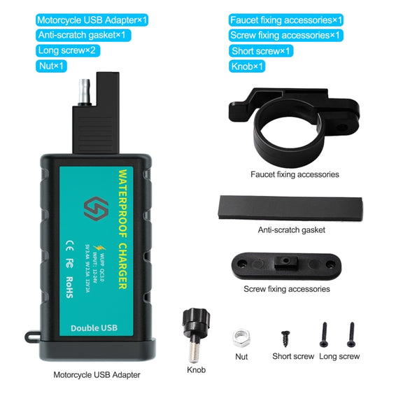 WUPP ZH-1422C1 Motorcycle Square Dual USB Fast Charging Charger with Switch + Integrated SAE Socket