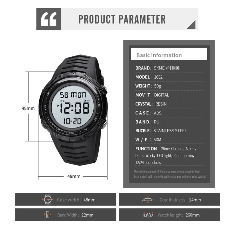 SKMEI 1632 Dual Time Display Luminous Electronic Watch, Support Alarm Clock(Black and White)