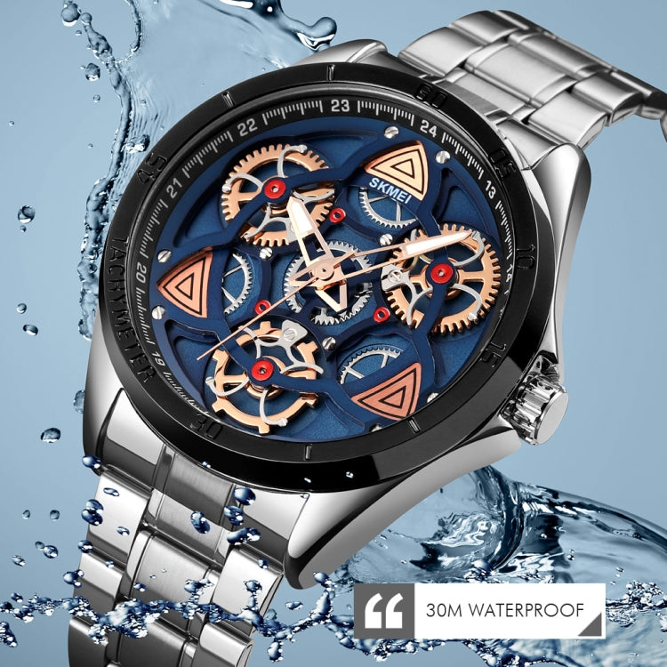 SKMEI 1678 Men Water-resistant Quartz Watch with Rotatable Gear Dial(Silver Shell Blue Surface)