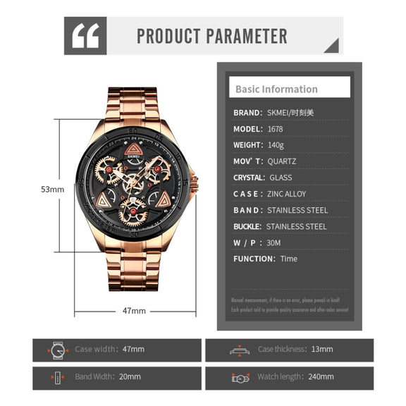SKMEI 1678 Men Water-resistant Quartz Watch with Rotatable Gear Dial(Rose Gold Shell Blue Surface)