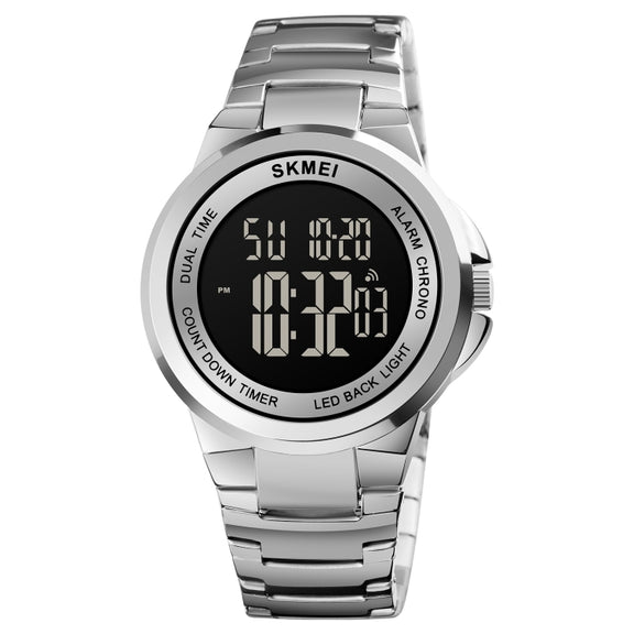 SKMEI 1712 Dual Time LED Digital Display Luminous Stainless Steel Strap Electronic Watch(Silver and Black)