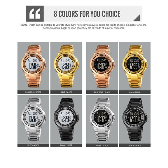 SKMEI 1712 Dual Time LED Digital Display Luminous Stainless Steel Strap Electronic Watch(Gold and White)