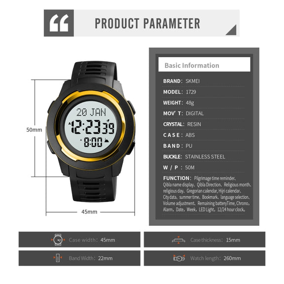 SKMEI 1729 Qibla Calendar Timing Multifunctional LED Digital Display Luminous Electronic Watch(Gold and White)