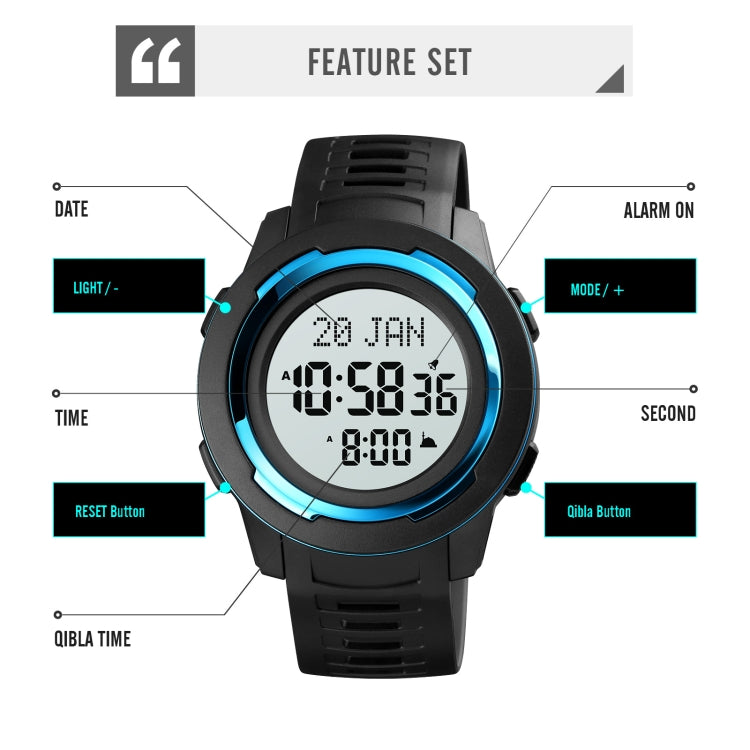 SKMEI 1729 Qibla Calendar Timing Multifunctional LED Digital Display Luminous Electronic Watch(Blue and White)