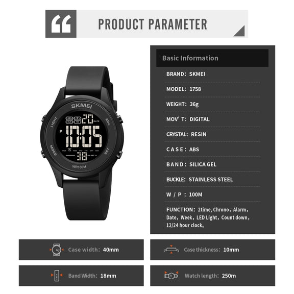 SKMEI 1758 Multifunctional LED Digital Display Luminous Silicone Strap Electronic Watch(Black Silver)