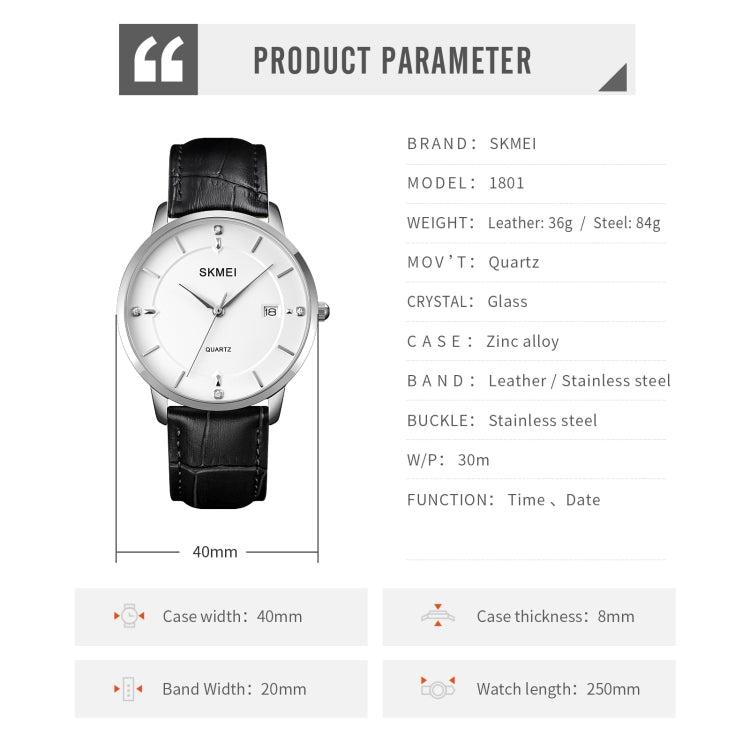 SKMEI 1801 Men Casual Calendar Quartz Watch(Silver White Black)