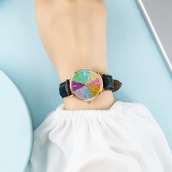 SKMEI 1811 Eight Color Diamond Round Dial Quartz Watch for Ladies(Black Leather Belt)