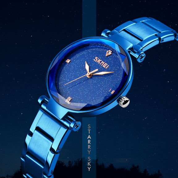 SKMEI 9180 Starry Sky Dial Stainless Steel Strap Quartz Watch for Ladies(Black)