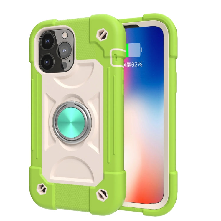 For iPhone 13 Shockproof Silicone + PC Protective Case with Dual-Ring Holder(Guava)