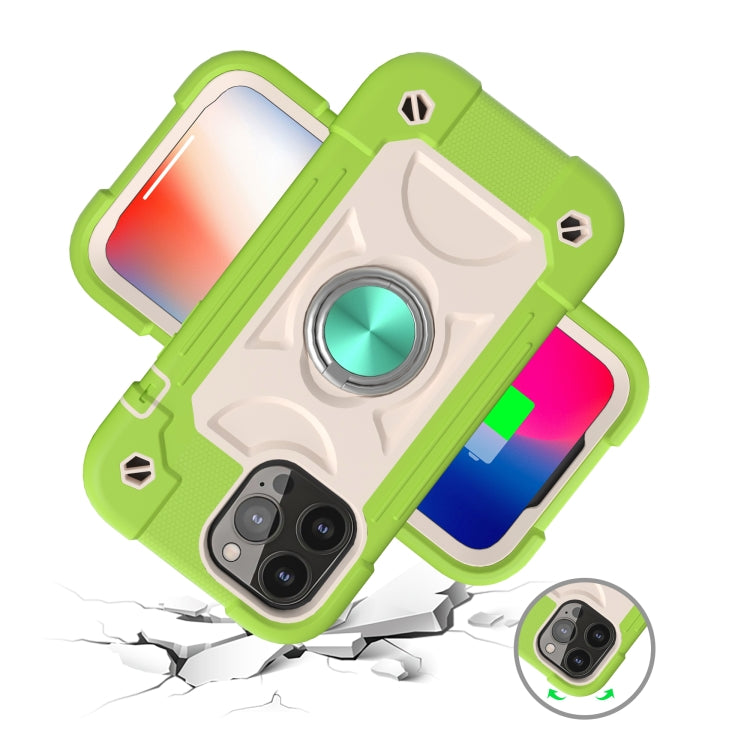 For iPhone 13 Shockproof Silicone + PC Protective Case with Dual-Ring Holder(Guava)