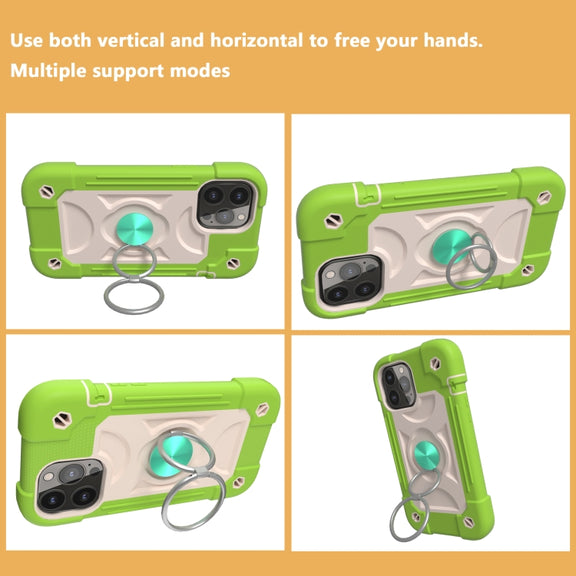For iPhone 13 Shockproof Silicone + PC Protective Case with Dual-Ring Holder(Guava)