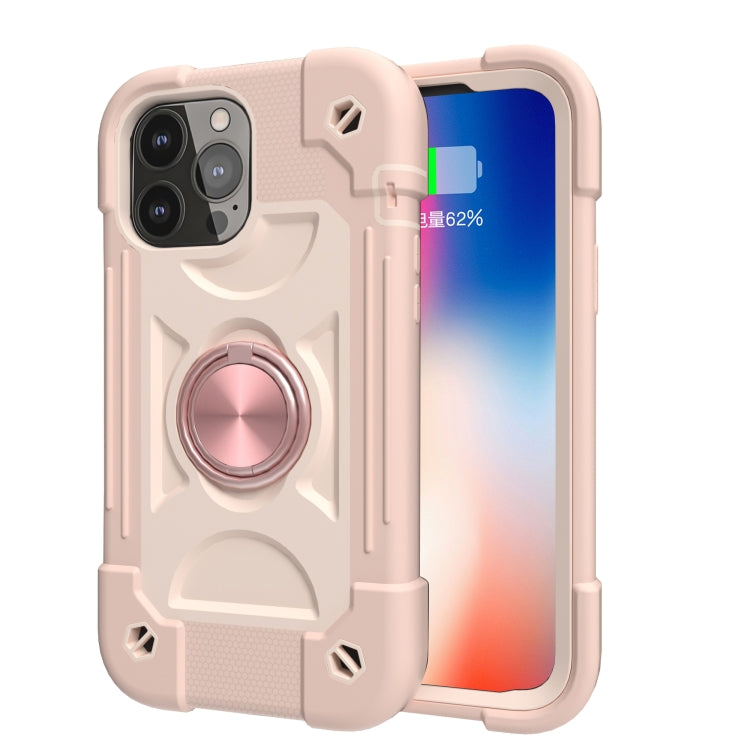 For iPhone 13 Shockproof Silicone + PC Protective Case with Dual-Ring Holder(Rose Gold)