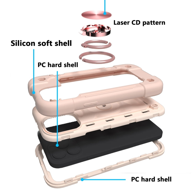 For iPhone 13 Shockproof Silicone + PC Protective Case with Dual-Ring Holder(Rose Gold)