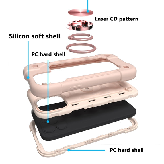 For iPhone 13 Shockproof Silicone + PC Protective Case with Dual-Ring Holder(Rose Gold)