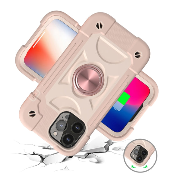 For iPhone 13 Shockproof Silicone + PC Protective Case with Dual-Ring Holder(Rose Gold)