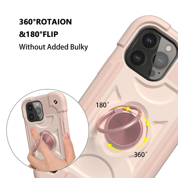 For iPhone 13 Shockproof Silicone + PC Protective Case with Dual-Ring Holder(Rose Gold)