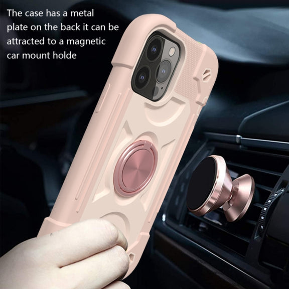 For iPhone 13 Shockproof Silicone + PC Protective Case with Dual-Ring Holder(Rose Gold)