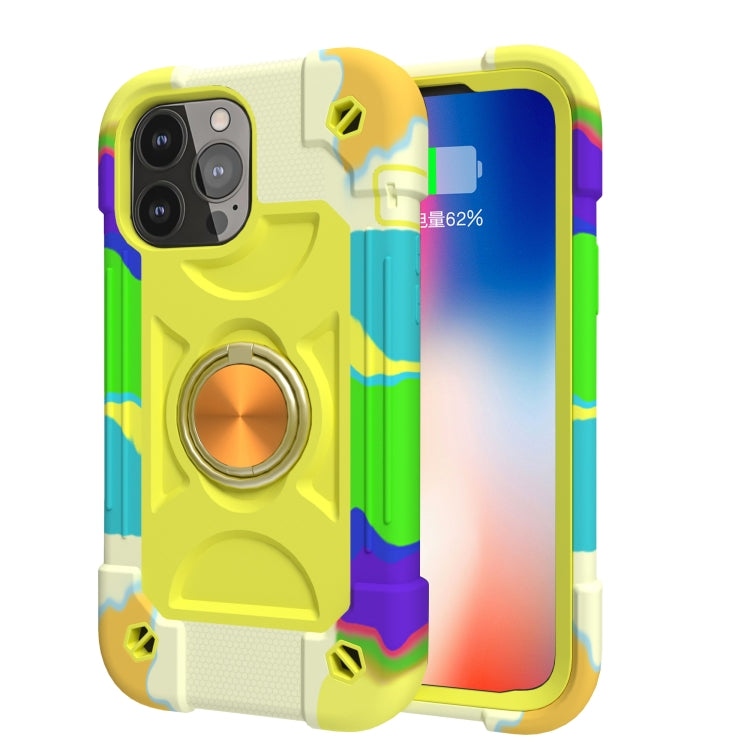 For iPhone 13 Shockproof Silicone + PC Protective Case with Dual-Ring Holder(Colorful Yellow Green)