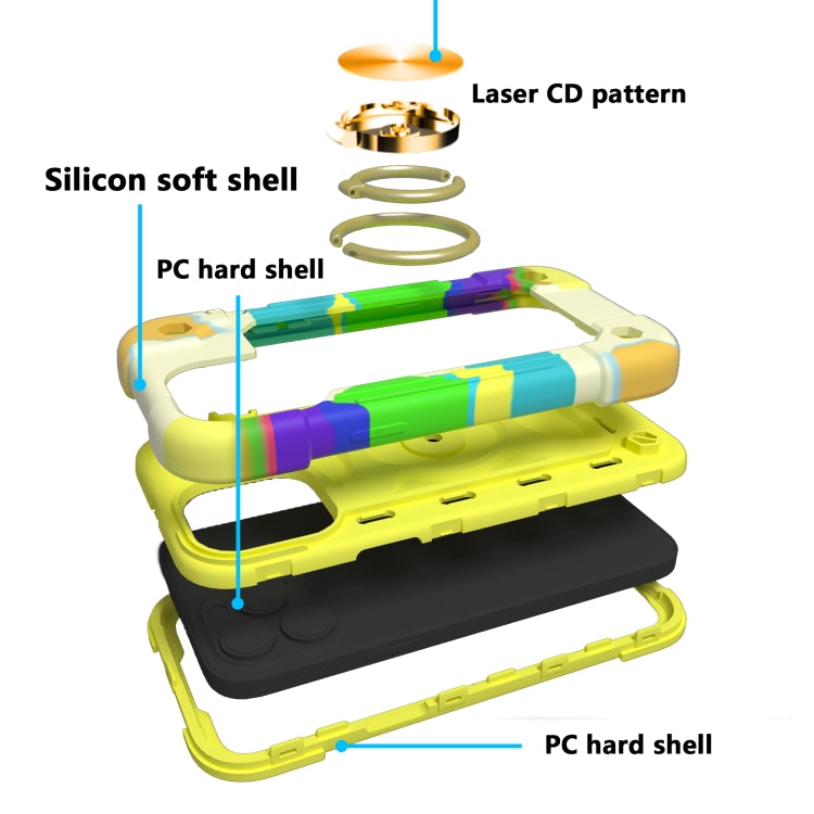For iPhone 13 Shockproof Silicone + PC Protective Case with Dual-Ring Holder(Colorful Yellow Green)