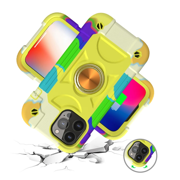 For iPhone 13 Shockproof Silicone + PC Protective Case with Dual-Ring Holder(Colorful Yellow Green)