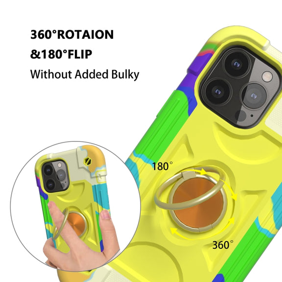 For iPhone 13 Shockproof Silicone + PC Protective Case with Dual-Ring Holder(Colorful Yellow Green)