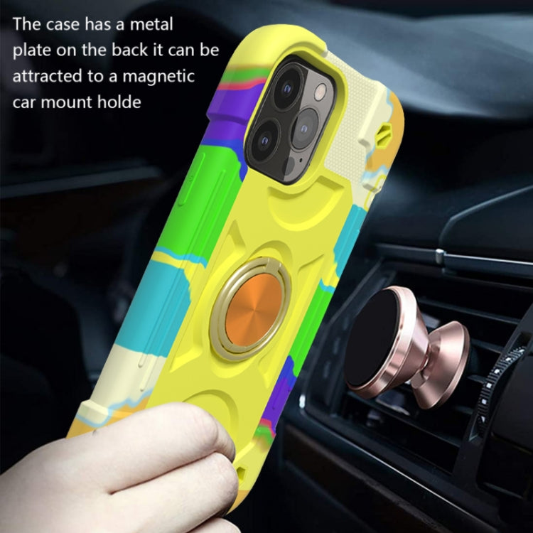For iPhone 13 Shockproof Silicone + PC Protective Case with Dual-Ring Holder(Colorful Yellow Green)