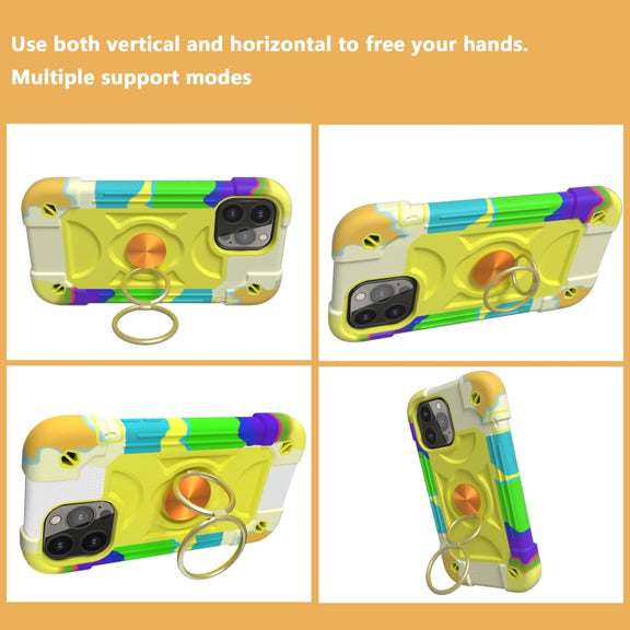 For iPhone 13 Shockproof Silicone + PC Protective Case with Dual-Ring Holder(Colorful Yellow Green)