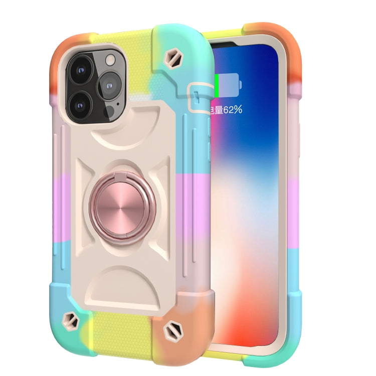 For iPhone 13 Shockproof Silicone + PC Protective Case with Dual-Ring Holder(Colorful Rose Gold)