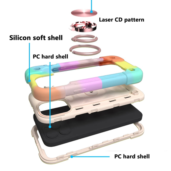 For iPhone 13 Shockproof Silicone + PC Protective Case with Dual-Ring Holder(Colorful Rose Gold)