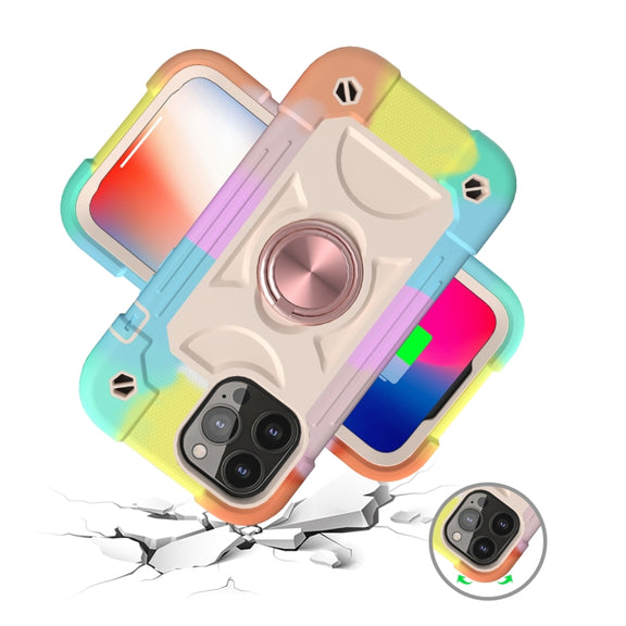 For iPhone 13 Shockproof Silicone + PC Protective Case with Dual-Ring Holder(Colorful Rose Gold)
