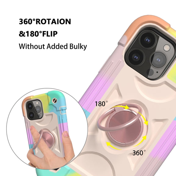For iPhone 13 Shockproof Silicone + PC Protective Case with Dual-Ring Holder(Colorful Rose Gold)