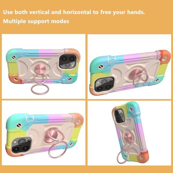 For iPhone 13 Shockproof Silicone + PC Protective Case with Dual-Ring Holder(Colorful Rose Gold)
