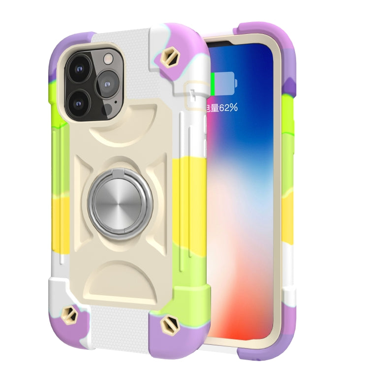 For iPhone 13 Shockproof Silicone + PC Protective Case with Dual-Ring Holder(Colorful Beige)