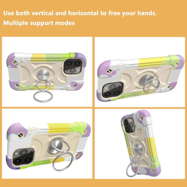 For iPhone 13 Shockproof Silicone + PC Protective Case with Dual-Ring Holder(Colorful Beige)