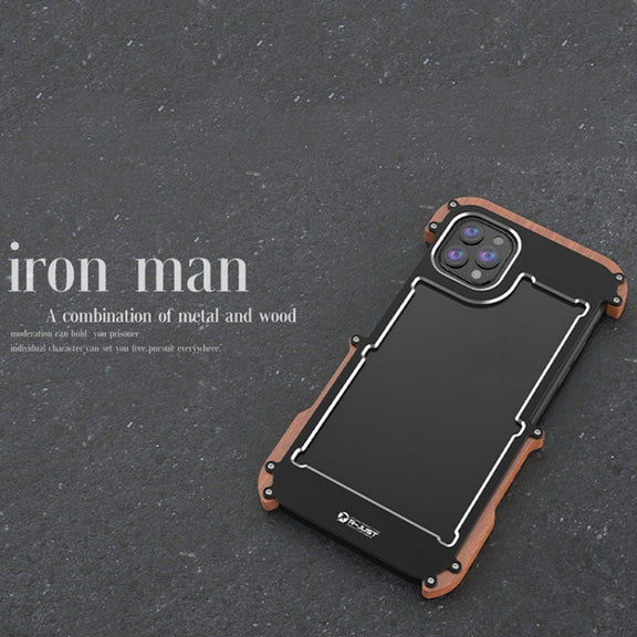 For iPhone 13 R-JUST Ironwood Man Shockproof Metal + Wood Bumper Protective Case