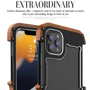For iPhone 13 R-JUST Ironwood Man Shockproof Metal + Wood Bumper Protective Case