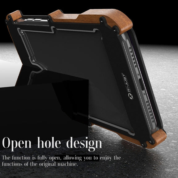 For iPhone 13 R-JUST Ironwood Man Shockproof Metal + Wood Bumper Protective Case