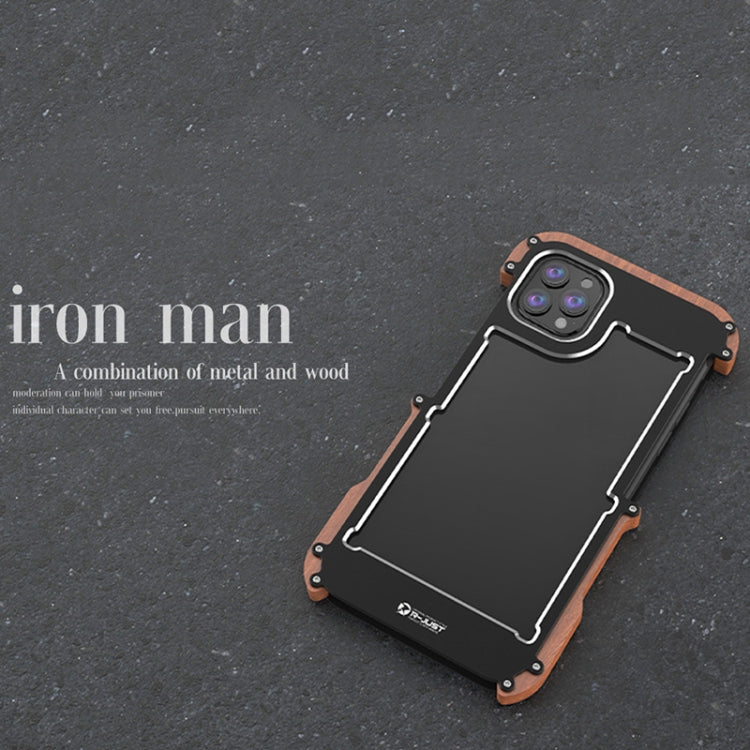 For iPhone 13 Pro Max R-JUST Ironwood Man Shockproof Metal + Wood Bumper Protective Case