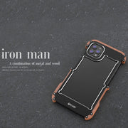 For iPhone 13 Pro Max R-JUST Ironwood Man Shockproof Metal + Wood Bumper Protective Case