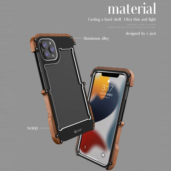 For iPhone 13 Pro Max R-JUST Ironwood Man Shockproof Metal + Wood Bumper Protective Case
