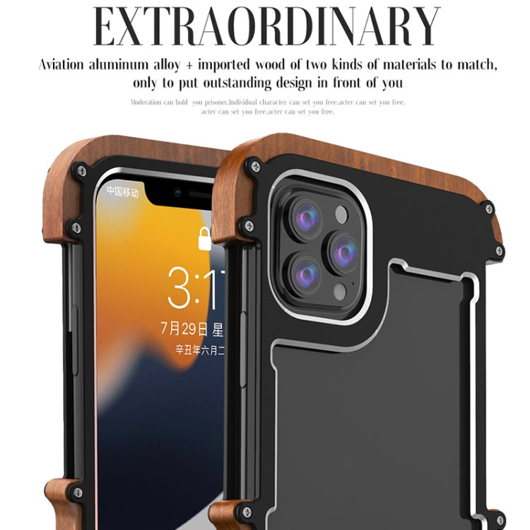 For iPhone 13 Pro Max R-JUST Ironwood Man Shockproof Metal + Wood Bumper Protective Case