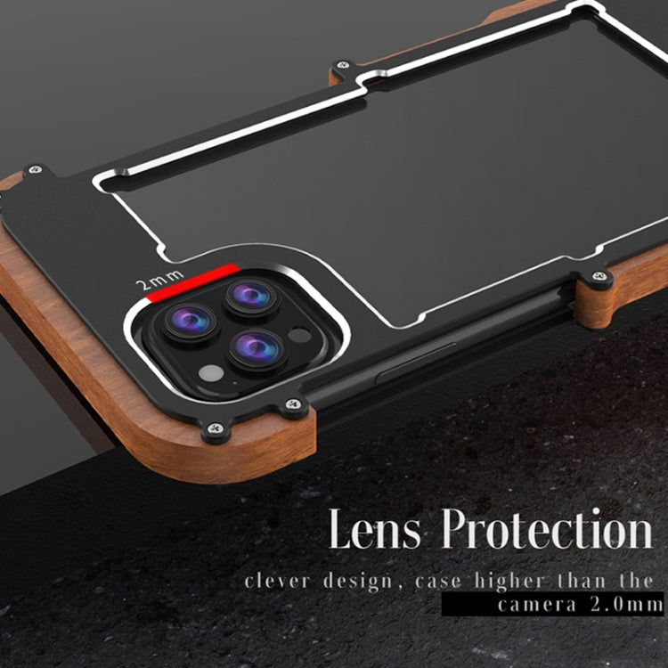 For iPhone 13 Pro Max R-JUST Ironwood Man Shockproof Metal + Wood Bumper Protective Case