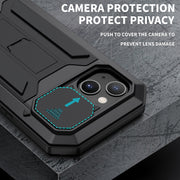 For iPhone 13 mini R-JUST Sliding Camera Shockproof Life Water-resistant Dust-proof Metal + Silicone Protective Case with Holder (Black)
