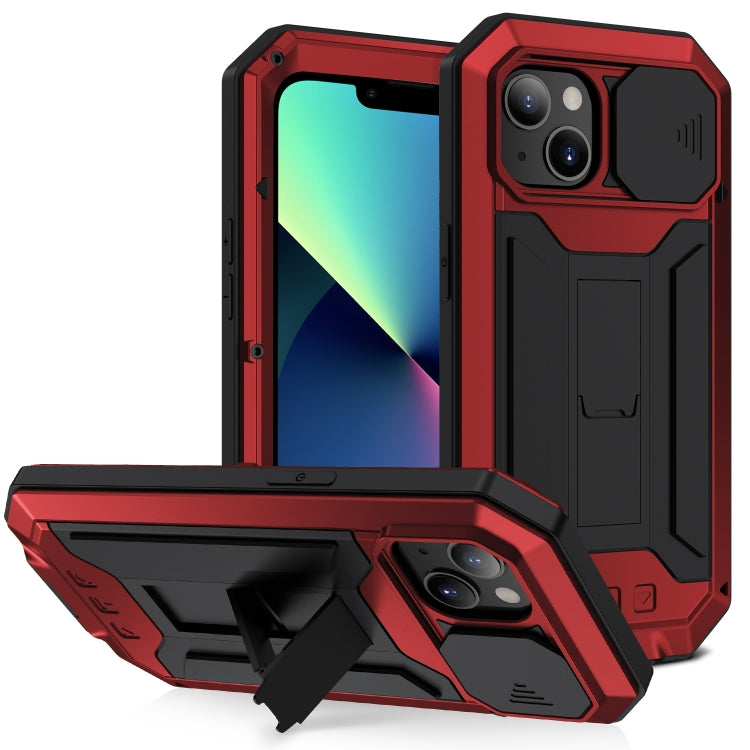 For iPhone 13 mini R-JUST Sliding Camera Shockproof Life Water-resistant Dust-proof Metal + Silicone Protective Case with Holder (Red)