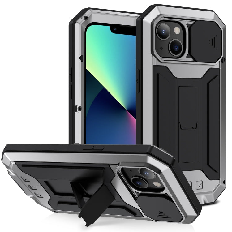 For iPhone 13 mini R-JUST Sliding Camera Shockproof Life Water-resistant Dust-proof Metal + Silicone Protective Case with Holder (Silver)