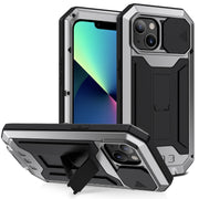 For iPhone 13 mini R-JUST Sliding Camera Shockproof Life Water-resistant Dust-proof Metal + Silicone Protective Case with Holder (Silver)
