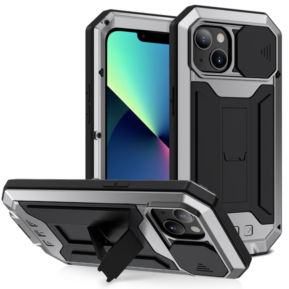 For iPhone 13 mini R-JUST Sliding Camera Shockproof Life Water-resistant Dust-proof Metal + Silicone Protective Case with Holder (Silver)