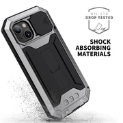 For iPhone 13 mini R-JUST Sliding Camera Shockproof Life Water-resistant Dust-proof Metal + Silicone Protective Case with Holder (Silver)